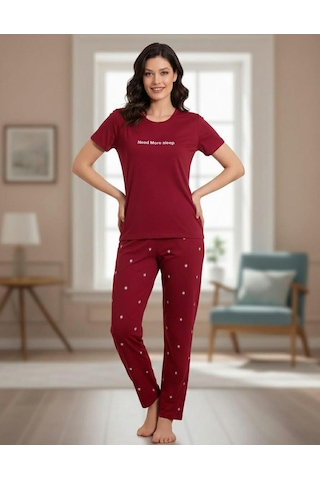 Boyraz Slim Fit Dar Kesim Kadın Milan Bisiklet Yaka Kısa Kol Pijama Takımı 11003b - 1 Adet Bordo