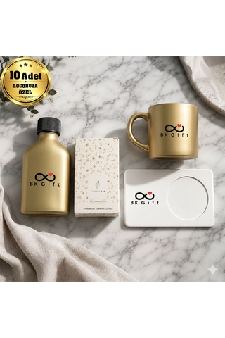 Logonuza Özel 10 Adet Kutulu Ahşap Altlıklı Gold Fincan & Kolonya & & Aromalı Kahve Seti Ahşap Kutulu Kurumsal Hediye Seti