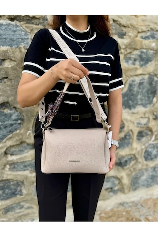 Kadın Orijinal Just Polo Yumuşak Deri Şal Detaylı Ayarlanabilir Askılı El Ve Omuz Çantası Shopper Ekru