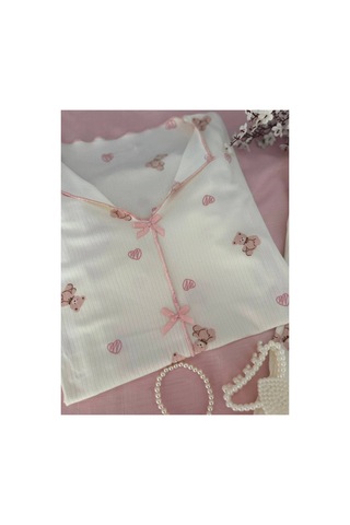 Mh Moony Homewears Kısa Kol Pembe Ayıcık Özel Doku Pijama Takımı Pembe Somon