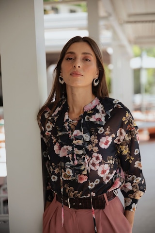 Kadın Çiçek Desenli Şifon Bluz Frn1001 Lacivert