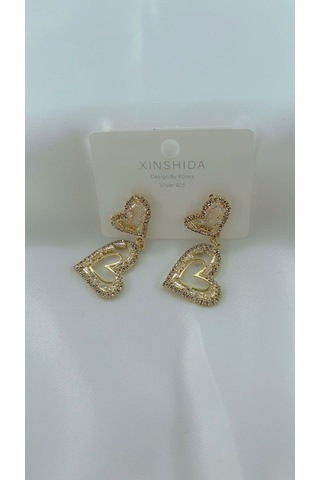 Kadın Kalp Zirkon Model Sallantılı Küpe Gold Renk Gold