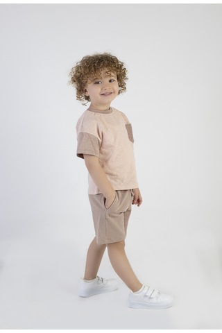 Erkek Çocuk Kahve Desen Kısa Kollu Şortlu Basic Alt Üst Takım 001
