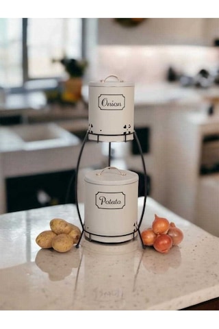 Decorev Kulplu 2 Katlı Patates Soğanlık Metal Patates Soğan Kovası Sebzelik Sepeti Beyaz