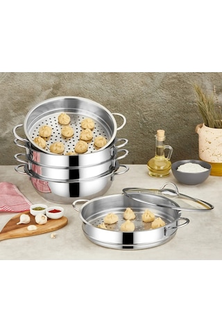 6 Parça Paslanmaz Çelik, Cam Kapaklı 32x10 Cm - 7 Litre Buharlı Pişirici, Mantı Tenceresi Gümüş