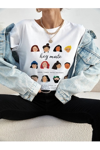 Kadın Beyaz Oversize Hey Mate Baskılı T-shirt Beyaz-67174