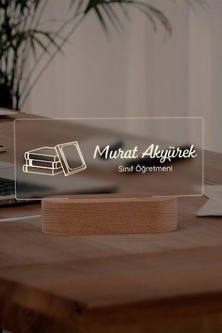 Öğretmenler İçin Kişiye Özel Masa İsimliği Masif Ahşap Tabanlı Usb Kablolu Pleksi Led Gece Lambası