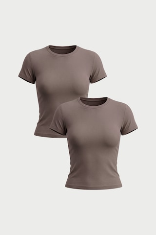 Auw Kadın Bisiklet Yaka Pamuklu Modal T-shirt 2'li - Softfit Vizon - Vizon