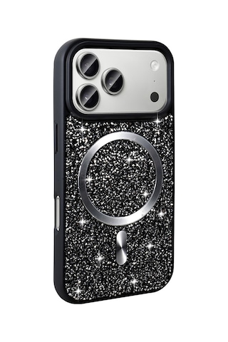 Apple Uyumlu iPhone 17 Pro Max Kılıf Pırlanta Tasarımlı M-safe Şarj Özellikli Mozaik Silikon Kılıf Siyah