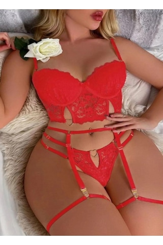 Artiyerli Dantel Detaylı Büstiyerli Fantezi İç Çamaşır Takımı 8406 Kırmızı