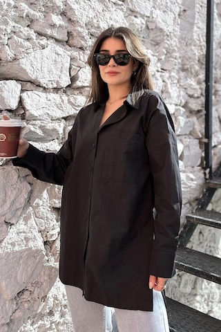 Kadın Siyah Terikoton Kumaş, Yırtmaçlı, Rahat Uzun Gömlek Siyah
