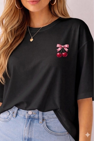 Minimal Kiraz Desenli Baskılı T-shirt Siyah