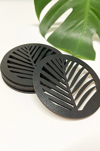 Yaprak Desenli Ahşap Mdf Bardak Altlığı 6'lı Set Siyah