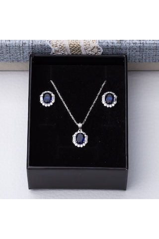 5-8 Mm Lacivert Oval Zirkon Taşlı 925 Ayar Gümüş Kadın 2'li Set Gümüş