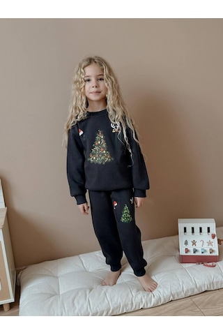 Kız Çocuk Yılbaşı Temalı 3 İplik Eşofman Takımı Lacivert