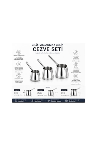 3 Lü Paslanmaz Çelik Cezve Seti,termal Kapsül Tabanlı,boru Kulplu,tüm Ocaklara Uyumlu,damlatmaz Ağızlı,bulaşık Makinesinde Yıkanabilir Cezve Takımı