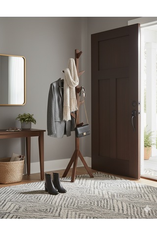 Ahşap Ayaklı Askılık Modern Elbise Askısı Kahverengi