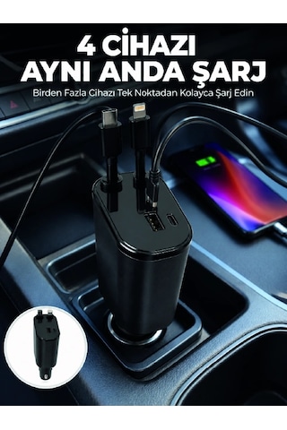 120w Hızlı Şarj Destekli 4'ü 1 Arada Araç Şarj Cihazı Type-c, Lightning, Usb Ve Usb-c Çıkışlı