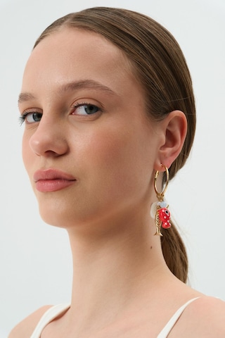 Charm Detaylı Gold Halka Küpe Kırmızı
