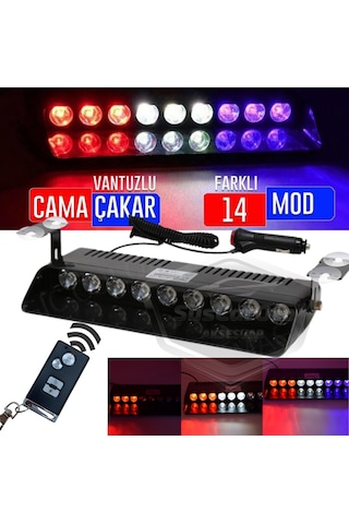 S1 Kumandalı Cam İçi Vantuzlu Polis Çakar 9 Ledli Kırmızı Beyaz Mavi 14 Mod Çakmaklık Girişli 00 Şüscaroto Aksesuar