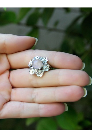 Esha Store Doğal Taş Pembe Kuvars Doğal Taşlı Çiçek Model Telkari Kadın Ayarlanabilir Gümüş Kaplama Yüzük Euy61 Pembe