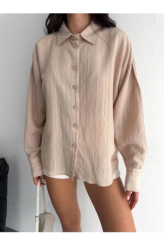 Çizgili Oversize Gömlek Bej