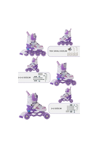 Melek Kanatlı Işıklı Çocuk Pateni Kask Ve Dizlik Seti Silikon Teker Ayarlanabilir Paten Çantalı Lila