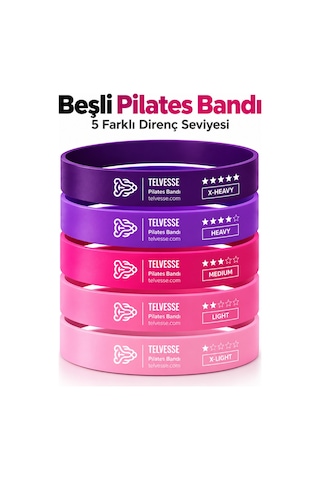 Pilates Bandı Direnç Lastiği Egzersiz Fitness Seti Taşıma Çantalı 5 Adet Mor-pembe