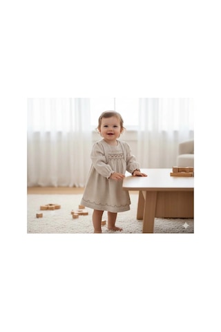 Lamato Baby Robası Sıra Çiçekli Bebe Kız Elbise Bej
