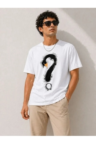 Defymoda Erkek Kuğu Figürlü Soru İşareti Baskılı Tişört Kısa Kol T-shirt - Beyaz