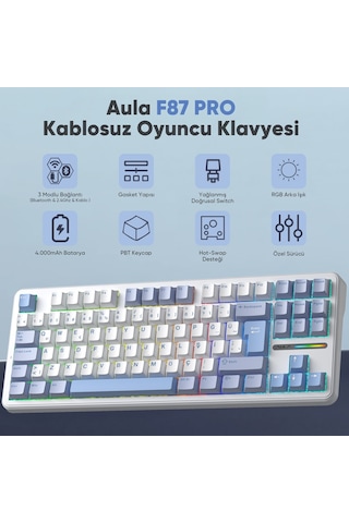 Aula F87 Pro Mekanik Rgb Tkl Graywood V4 Switch Kablosuz Makrolu Hot Swap Türkçe Q Klavye Buz Mavisi
