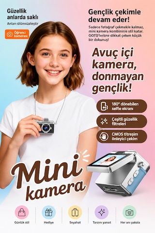 Cepaks Lk-027 Beyaz Retro Mini Dijital Fotoğraf Makinesi Hd Video, Katlanabilir Ekranlı 48 Mp Flaşlı