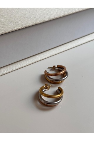 Çift Renk Halka Küpe Altın & Gümüş Renk Modern Tasarım Çok Renkli