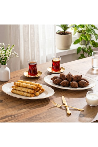 Porsima 4445 Tiffany Porselen Altın Fileli Kayık Tabak Seti - Oval Kahvaltılık Sunumluk Seti 30cm Beyaz