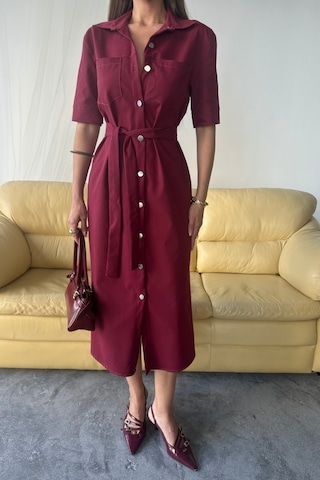 Dogutrend Tencel Önden Düğmeli Kısa Kol Elbise - Bordo