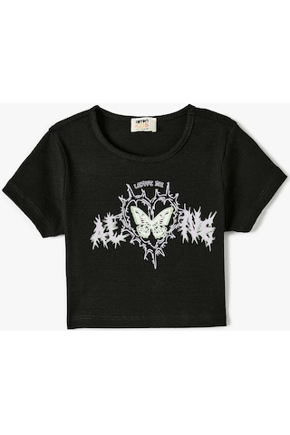 Koton Crop Tişört Baskılı Ribanalı Kısa Kollu Bisiklet Yaka Siyah 4skg10335ak 4SKG10335AK999 Siyah
