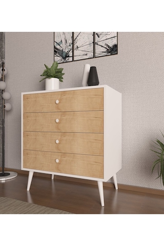 Floradesign Luna Şifonyer / Çok Amaçlı Dolap/ Çekmeceli Şifonyer / Kapaklı Şifonyer / 4 Çekmeceli Şifonyer Meşe/beyaz