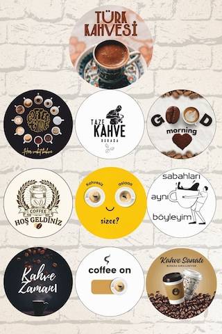 10 Lu Yuvarlak Ahşap Kahve Temalı Tablo Seti, Cafe, Çay Ocağı, Kahvehane Ve Mutfak Duvar Dekorasyonu
