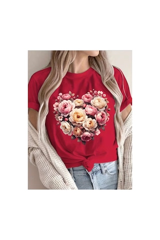 Herkesemoda Kalp Çiçekler Baskı Detaylı Basic T-shirt Kırmızı