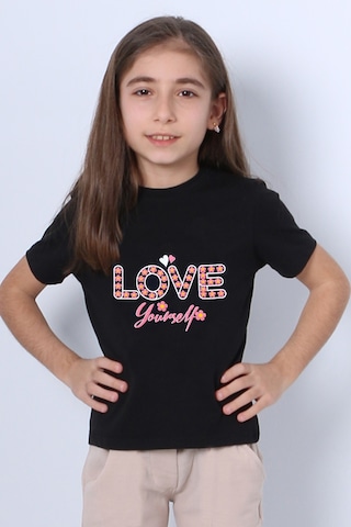 Hçm Kız Çocuk Tshirt Love Baskılı Bisiklet Yaka D28 Siyah