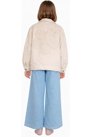 Irem Kız Çocuk Çiçek Püskül Detaylı Ceket Geniş Paça Pantolon Sweatshirt Üçlü Krem Renk Bayramlık Takım Krem