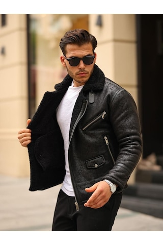 Mero Life Napa Deri İçi Full Kürklü Yüksek Kalite Slim Fit Erkek Mont - Siyah
