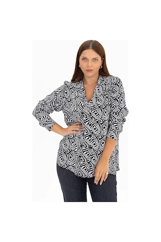 Galaxi 3051002 Kadın Büyük Beden Desenli Kruvaze Yakalı Gömlek Siyah