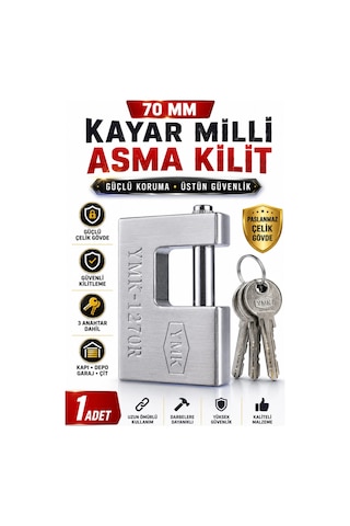 Ymk 70 Mm Kayar Milli Asma Kilit Çelik Gövdeli Güvenlik Kilidi 3 Anahtarlı Depo Garaj Bahçe Kapısı K
