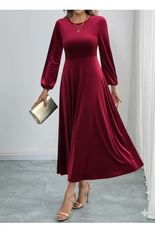 Efnaz Style Kadın Uzun Kollu Bisiklet Yaka Midi Kadife Elbise Bordo