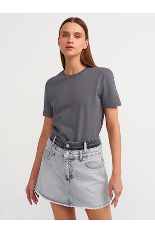 Dilvin Pamuklu Bisiklet Yaka T-shirt Füme