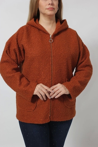 Moda Berray Tarçın Büyük Beden Kapşiyonlu Fermuarlı Peluş Ceket Tarçın