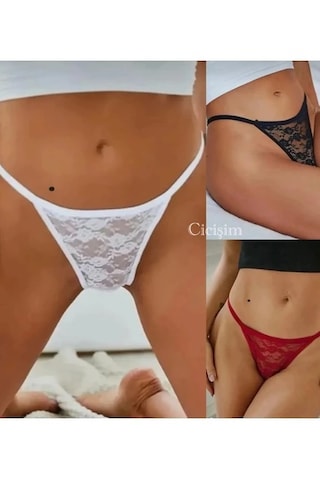 Dantelli 3'lü String Tanga Büyük Beden Seçenekli Çok Renkli