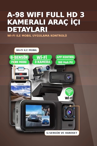 1080p Full Hd 3 Kameralı Wi-fi Destekli Araç İçi Yol Kayıt Kamerası 170 Derece Geniş Açı