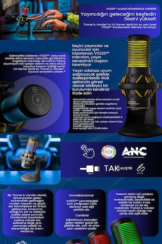 Vx320 Yayıncı Mikrofonu Ve Vx100 Stant Seti Dokunmatik Rgb Led Titreşim Önleme Çok Yönlü Kardioid